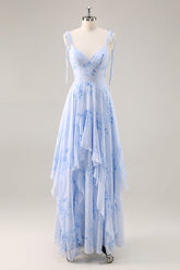 Blaues Chiffon Blumen A-Linie Brautjungfernkleid mit Rüschen